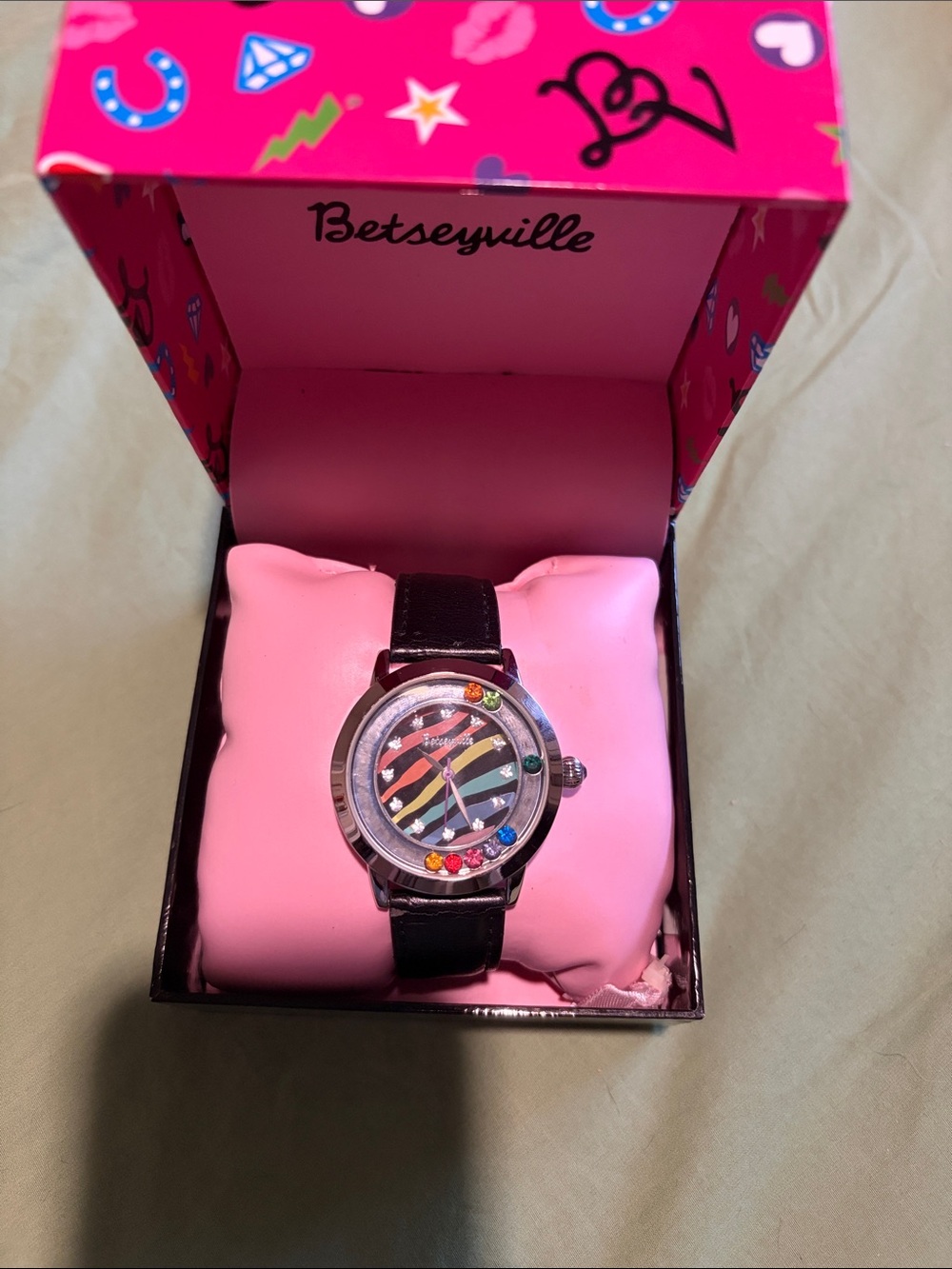 Betsey Johnson Rainbow with gemstones Watch and Gift Box